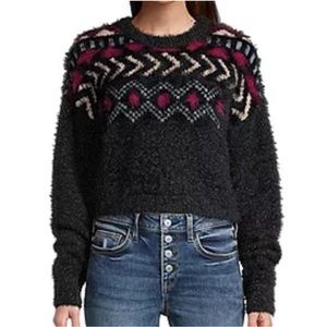 Arizona Jean Fuzzy Cropped Sweater Knit Black & Grey Long Sleeve Sz Small Junior